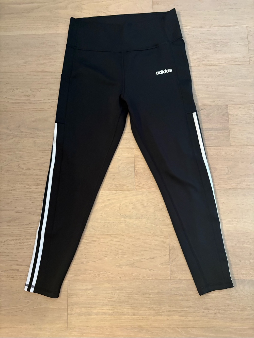 adidas Black Leggings with White Side Stripes — women’s